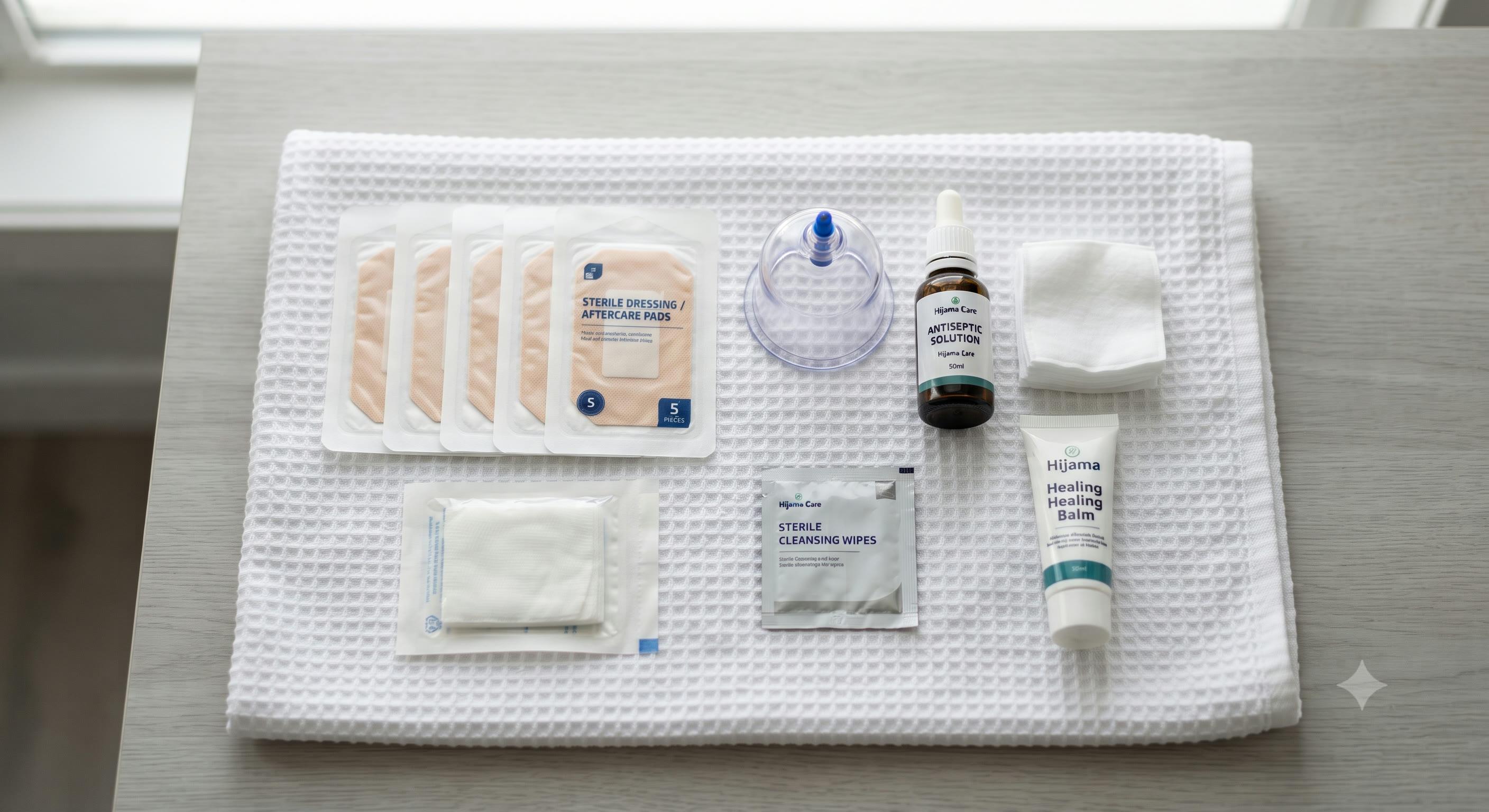 Clean hijama aftercare setup with dressings and cups